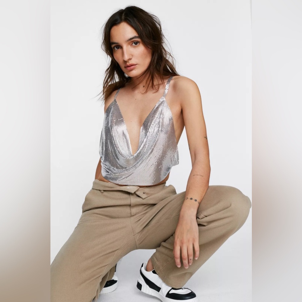 Nasty Gal Petite Cowl Silver Chainmail Cami Top